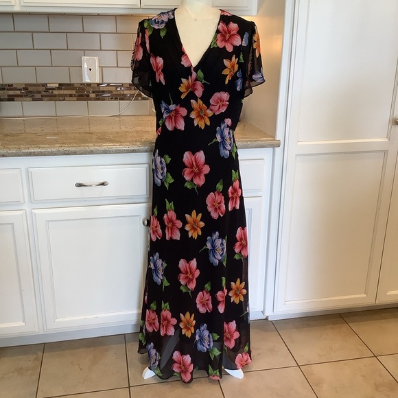 Vintage Mary McFadden Black and Pink Maxi Dress Size 12 - Picture 1 of 11